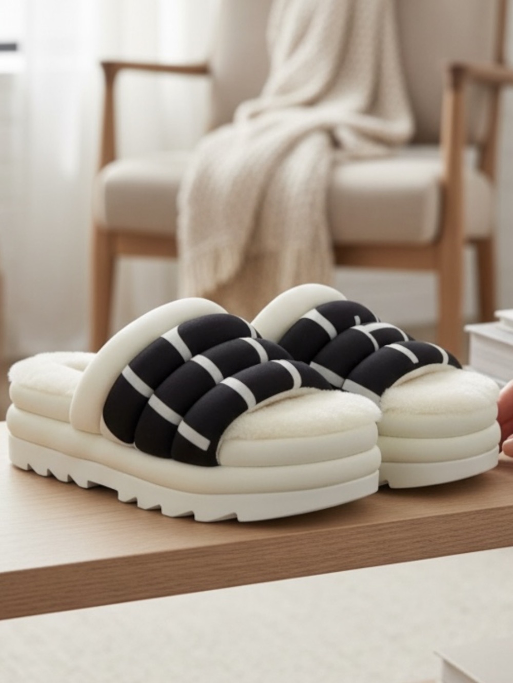 UGG Maxi Slide Logo White Black Quilted Puff Platform Sandals Slipper Women Sz 7